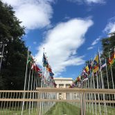 Flags outside the United Nations headquarters in Geneva, Switzerland.