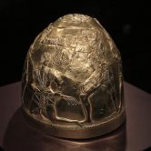 A Scythian gold helmet from the fourth century B.C. is displayed at a museum in Amsterdam.