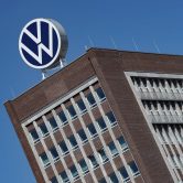 The Volkswagen logo on a VW headquarters building in Germany