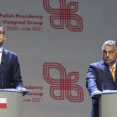 The prime ministers from Poland and Hungary at a news conference