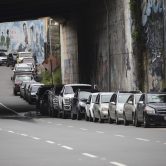 Vehicles lined up on a street in Caracas, Venezuela