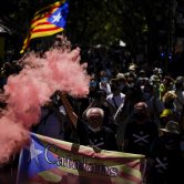 Pro-independence demonstrators gather during a protest in Barcelona, Spain.