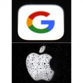 This combo of photos shows the logos for Google and Apple.