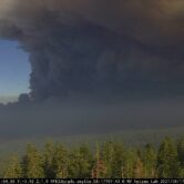 This is a photo of wildfire smoke over a heavily forested area.
