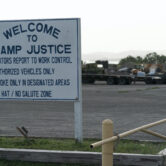 A sign for Camp Justice at Guantanamo Bay.
