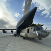 A CH-47 Chinook at Hamid Karzai International Airport in Kabul, Afghanistan