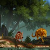 Artist's rendering of three prehistoric mammals.
