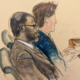 Sketch depicts R Kelly sitting with lawyer