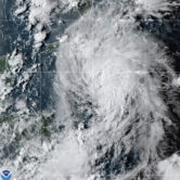 A tropical storm is seen in a satellite image