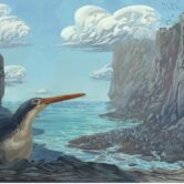 Illustration of ancient penguin on sea coast