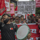 Members of the Communist Party of India shout slogans during a protest against farm laws in Mumbai, India.