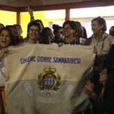 Activists of the “Unione Donne Sammarinesi” San Marino’s women union camp celebrate in San Marino.