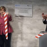 A ribbon-cutting ceremony at a World Health Organization facility in Germany