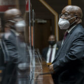 Former South African President Jacob Zuma sits in the High Court in Pietermaritzburg.