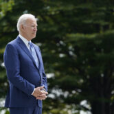 President Joe Biden waits to speak on the North Lawn of the White House in Washington.