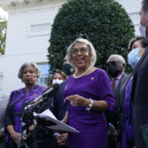 Rep. Joyce Beatty talks outside the West Wing of the White House.