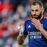 Karim Benzema reacts after failing a chance to score during a Spanish La Liga soccer match.