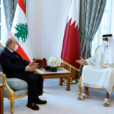 Qatar's Emir Sheikh Tamim bin Hamad Al Thani meets with Michel Aoun, in Doha, Qatar.