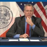 New York City mayor Bill de Blasio holds press conference