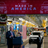 Joe Biden speaks during a visit to a General Motors factory.