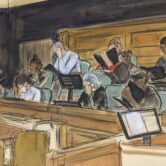 A courtroom sketch depicts the jury in the trial of Ghislaine Maxwell.