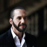 El Salvador's President Nayib Bukele speaks to the press at Mexico's National Palace.
