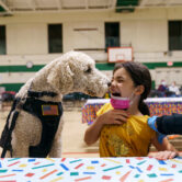 A child is licked by a dog as she receives a Covid-19 vaccine shot.