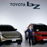 Toyota's Akio Toyoda speaks during an electric vehicle event.