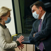Ursula von der Leyen speaks with Margaritis Chinas prior to the meeting of College of Commissioners