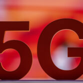 A 5G sign at Mobile World Congress 2021 in Spain.