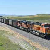 A BNSF railroad train is seen east of Hardin, Mont.