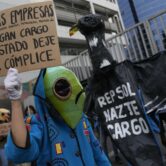 A demonstrator wearing a fish mask protests in front of a Repsol office.