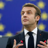 French President Emmanuel Macron delivers a speech at the European Parliament.