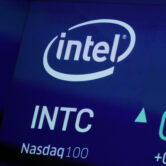 The symbol for Intel appears on a screen at the Nasdaq MarketSite.