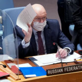 Russia's U.N. Ambassador Vasily Nebenzya addresses the U.N. Security Council.