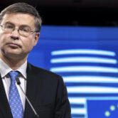 Valdis Dombrovskis speaks during a press conference in Brussels.
