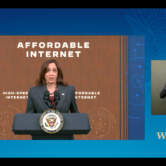 Vice President Kamala Harris announces the enrollment of 10 million households in the Affordable Connectivity Program, which reduces the cost of internet for low-income households, during a speech on Feb. 14, 2022.