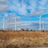 Land-based windmills in Atlantic City that help power a sewage treatment plant.