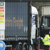 A heavy goods vehicle is checked at Belfast Docks.