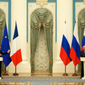 Emmanuel Macron and Vladimir Putin at a joint press conference in Moscow.