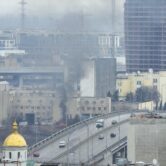 Smoke and flame rise in Kyiv, Ukraine