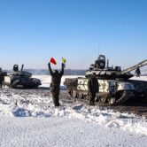 Russian army tanks take part in military drills
