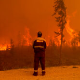 A firefighter stands at the scene of a forest fire in Russia.