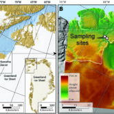 Maps showing the location of the Hiawatha impact crater in northwest Greenland (left) and the shape of Earth’s surface beneath the ice, with the crater clearly visible (right). Credit: University of Copenhagen