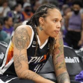 Brittney Griner sits during Game 2 of the 2021 WNBA Finals in Phoenix.