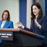 Jen Psaki and Anne Neuberger at a press briefing at the White House.