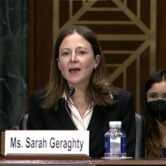 Sarah Elisabeth Geraghty testifies before the Senate Judiciary Committee on Dec. 1, 2021. Geraghty was confirmed as a district judge for the Northern District of Georgia on March 31, 2022.