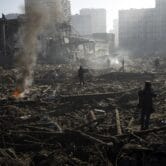 Debris from a bombed mall in Kyiv, Ukraine