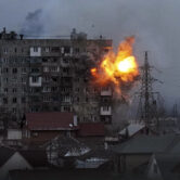 An apartment hit by Russian tank fire in Mariupol, Ukraine