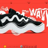 a screen shot from the MSCHF website shows a black sneaker with a white wavy design on the side on a red background